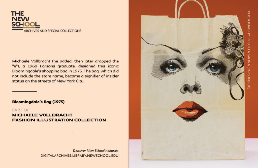 Back of printed card featuring a photo of a boutique shopping back and text describing the photo.