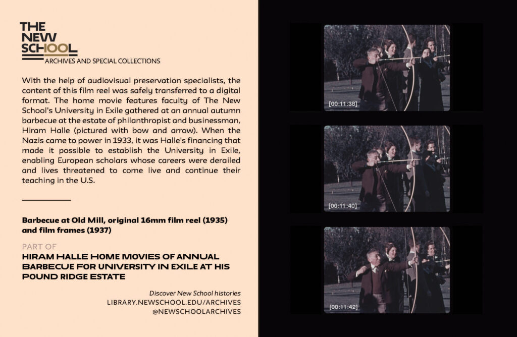 Back of printed card featuring film stills of a man shooting a bow and arrow and text describing the photo.